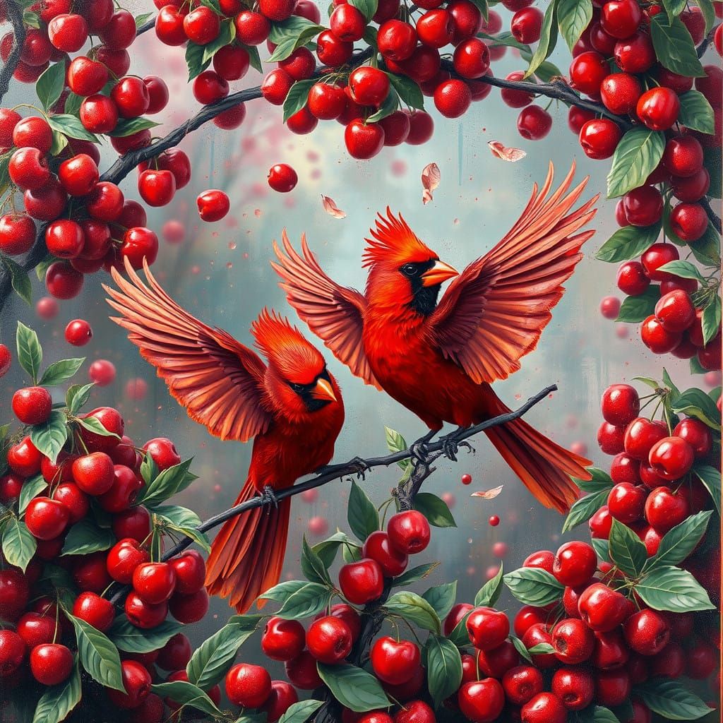 Vibrant Scarlet Cardinals in a Whirlwind of Feathers and Che...