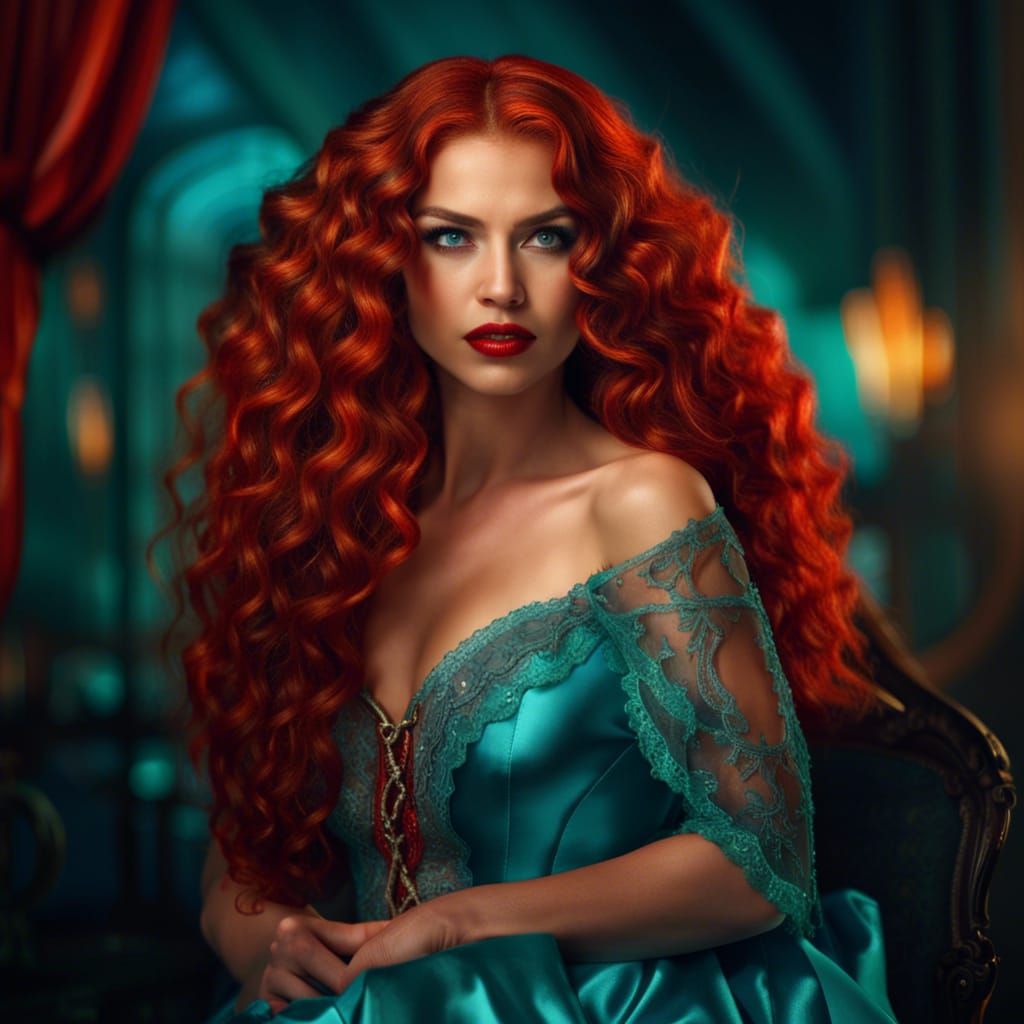 Voluptuous Woman with Fiery Hair in Fantasy Setting