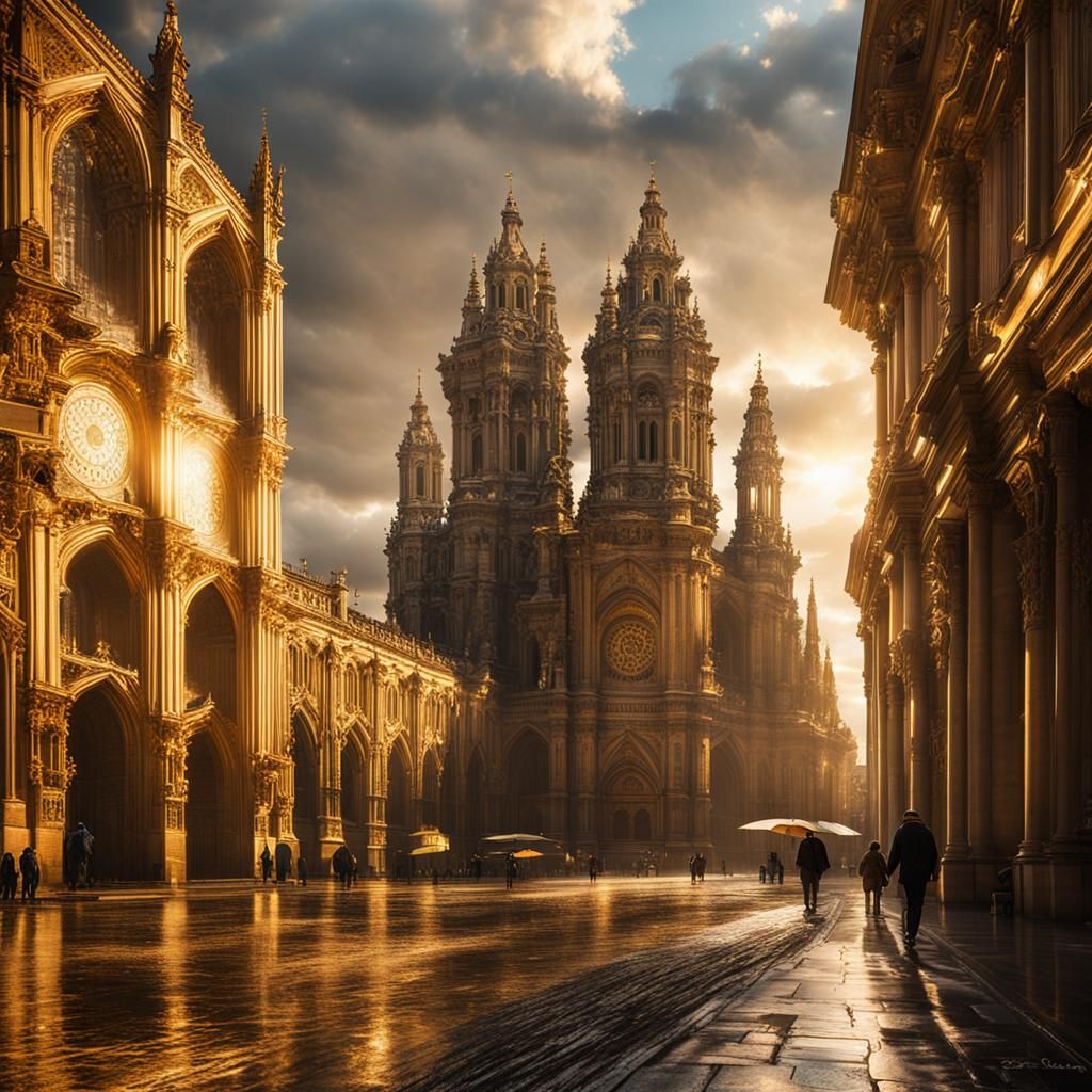 Ornate Cathedral Dominated by Golden Sunlight