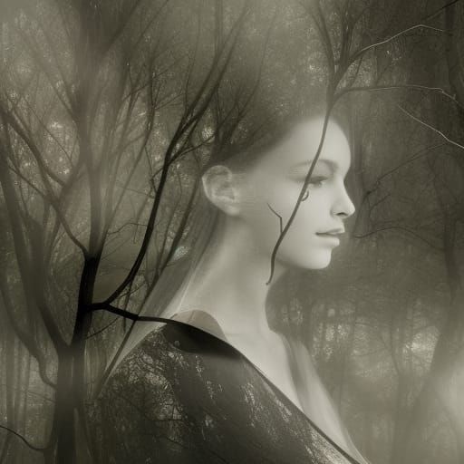 Ethereal Transparent Woman in Shadowy Forest
