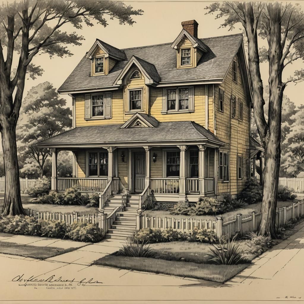 Colonial Bungalow Blueprint: Detailed Ink and Watercolor Ske...