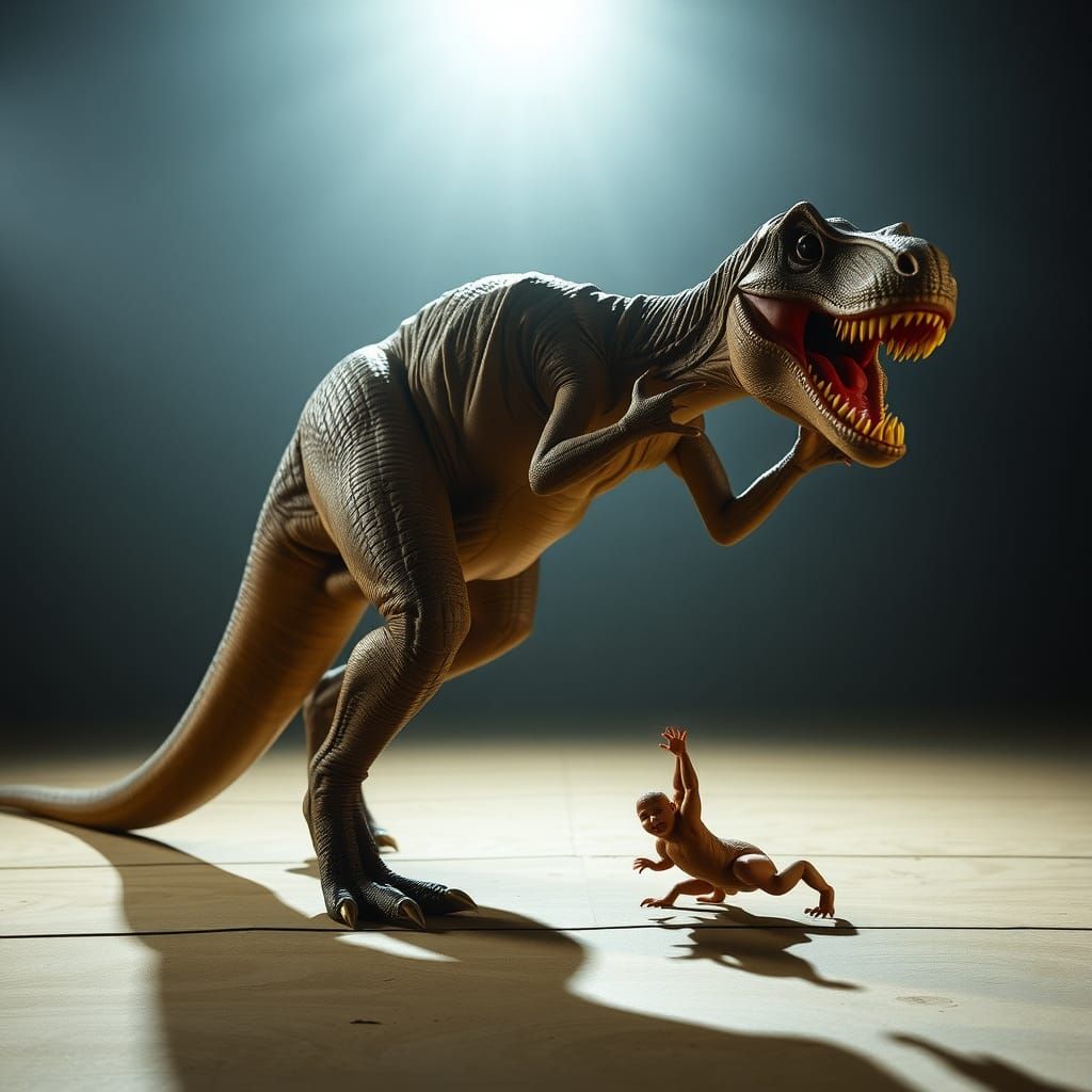 Comical T-Rex Yoga Struggle in Cinematic Style