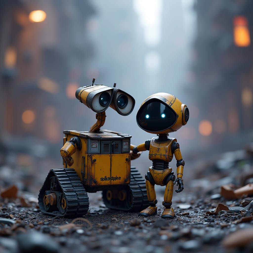 Wall-E and Eve in Desolate Future Landscape