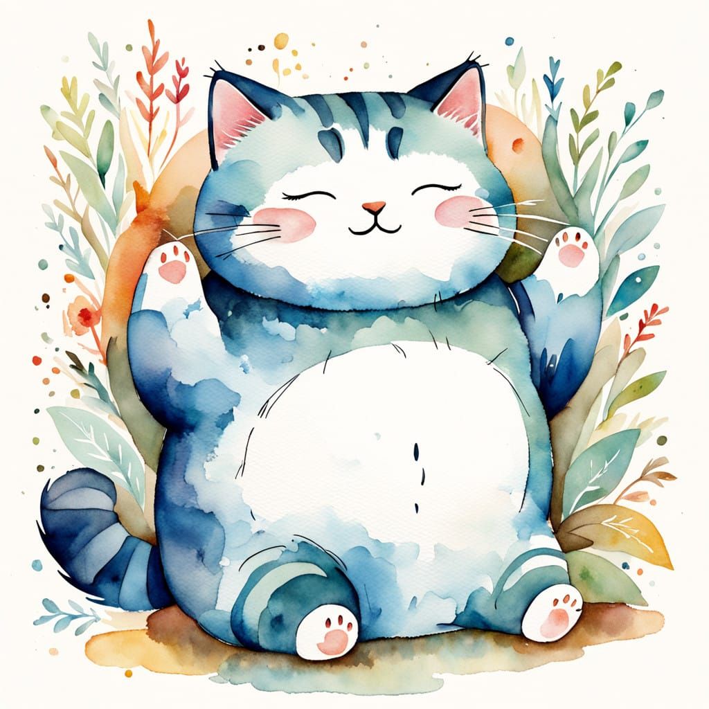 Dreamy Watercolor Fainting Cat in Whimsical Style