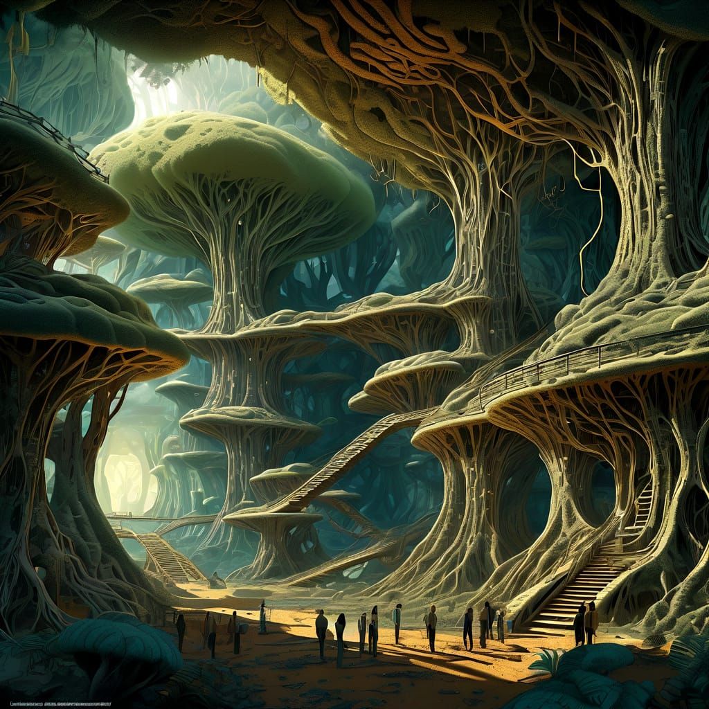 Fantasy Alien World Caves With Giant Tree