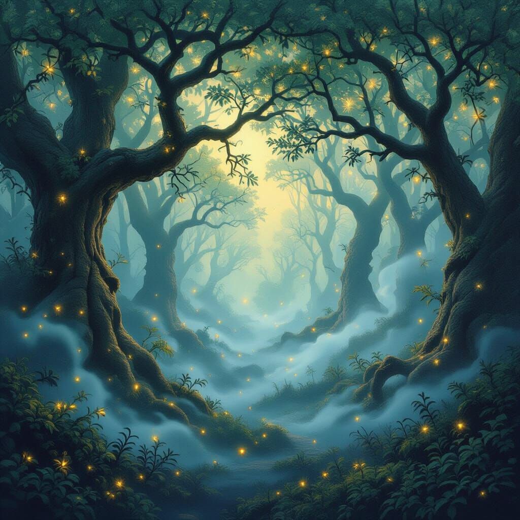 Enchanted Forest with Ethereal Fog and Fireflies
