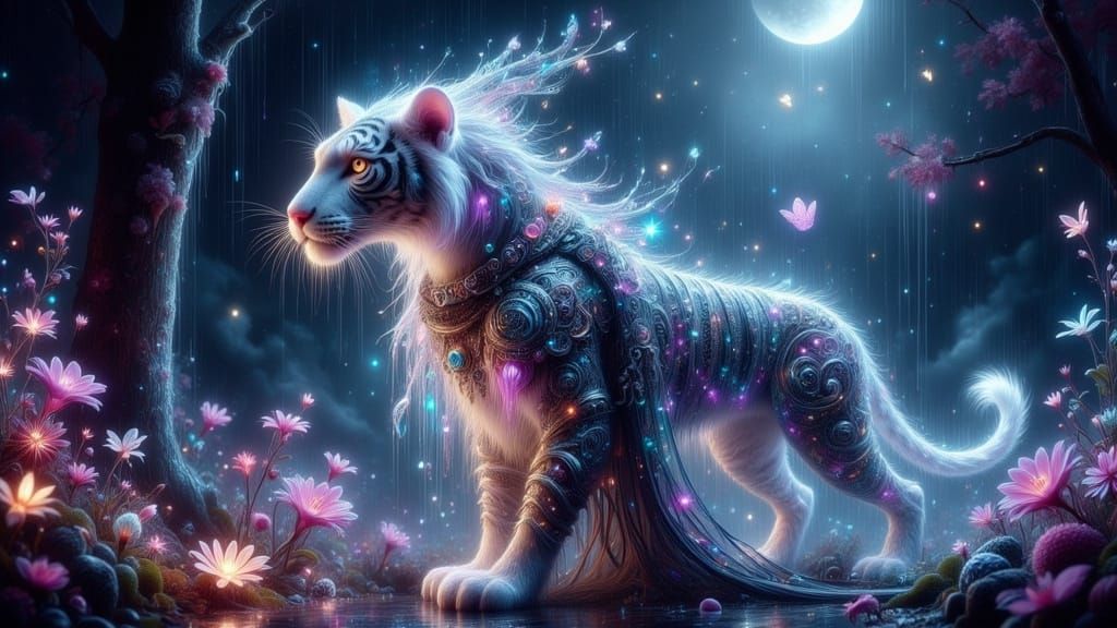 Majestic Tiger-Human Hybrid in Bioluminescent Forest