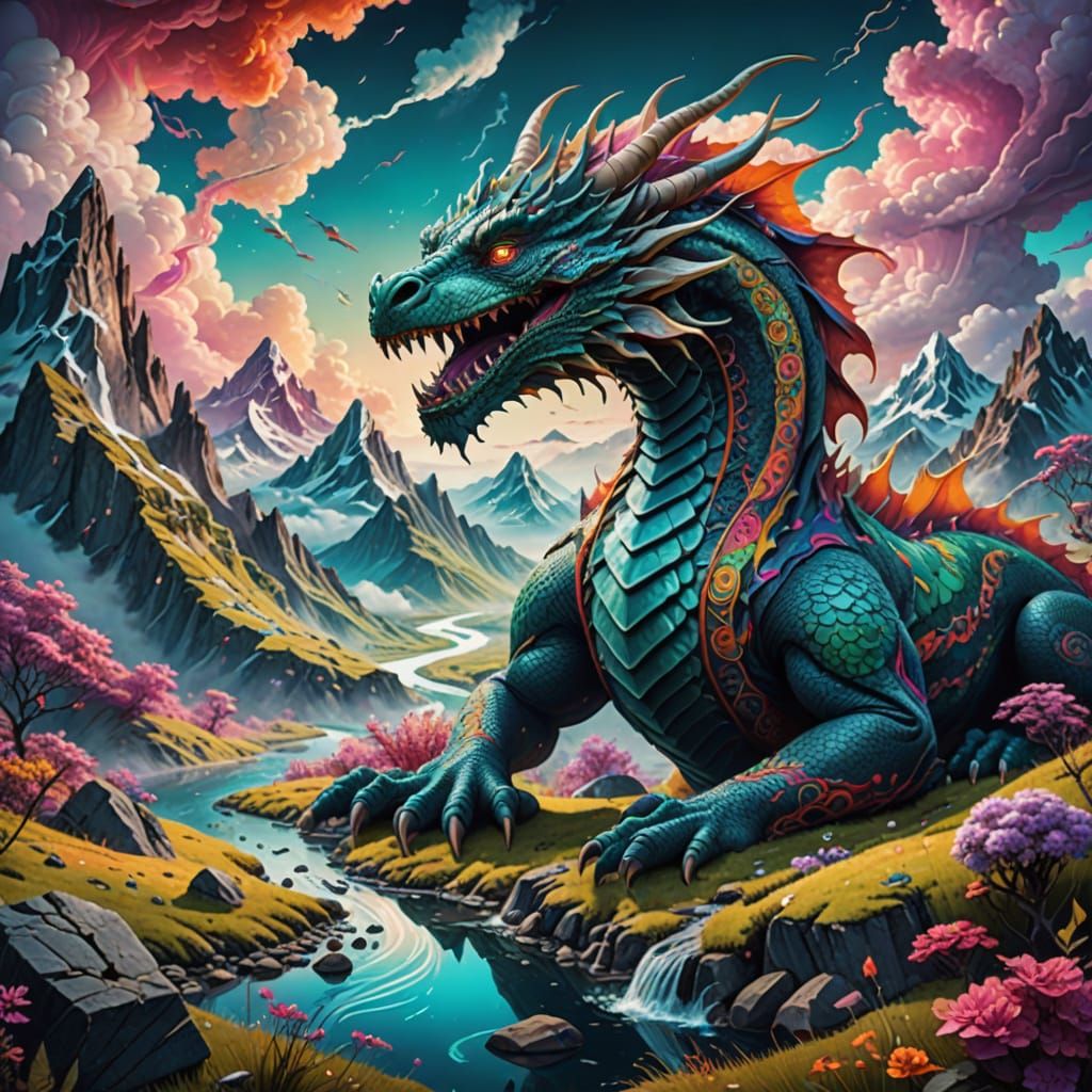 Dragon in Psychedelic Double-Exposed Landscape