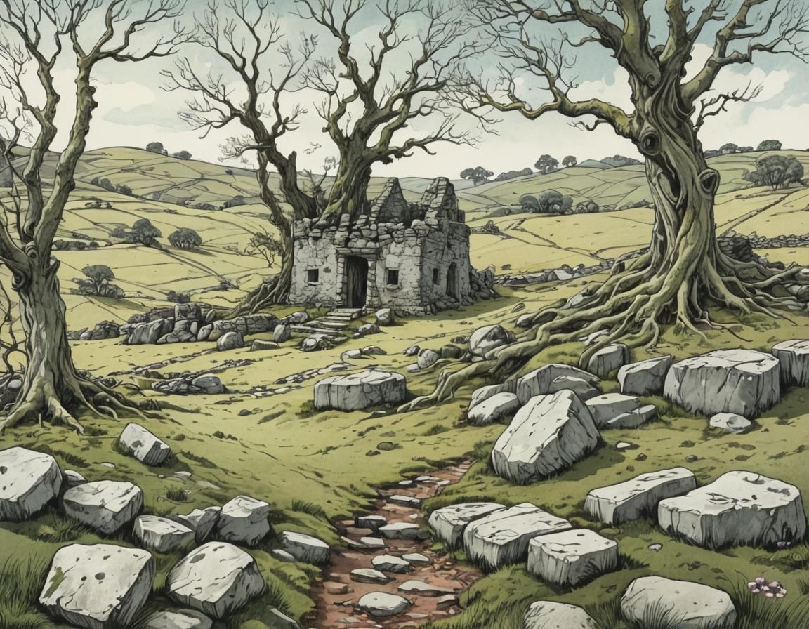 Ethereal Irish Ruins in Whimsical Landscape Illustration