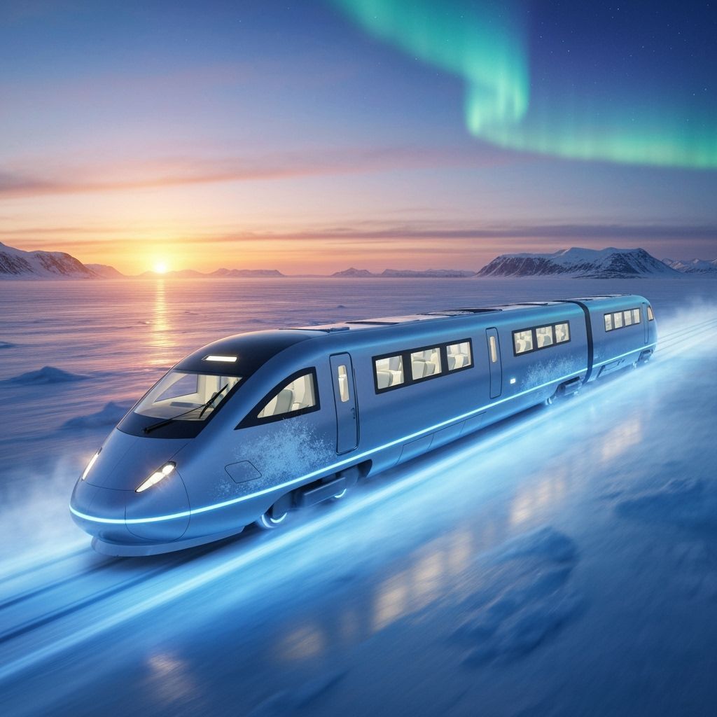 Futuristic Arctic Maglev Train at Sunset