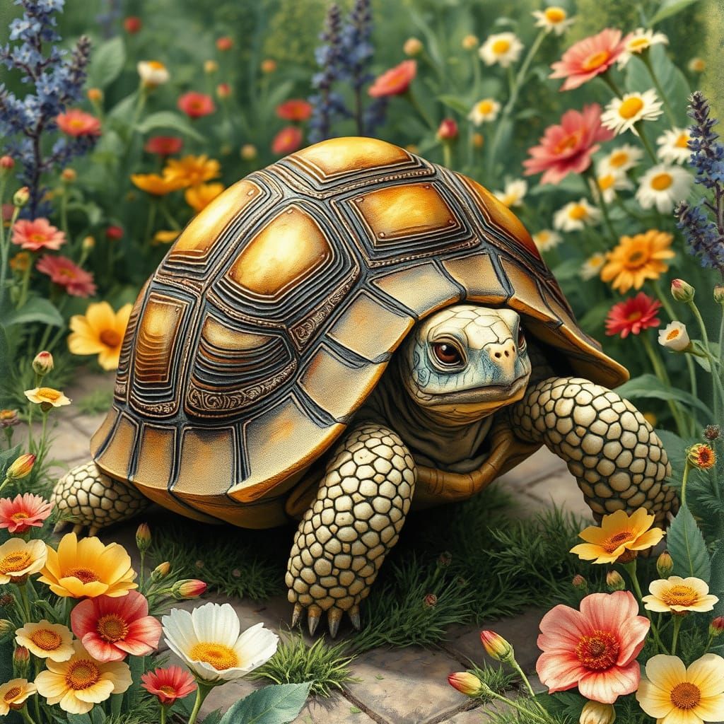 Book-Shelled Tortoise in Enchanted Garden: Watercolor Illust...