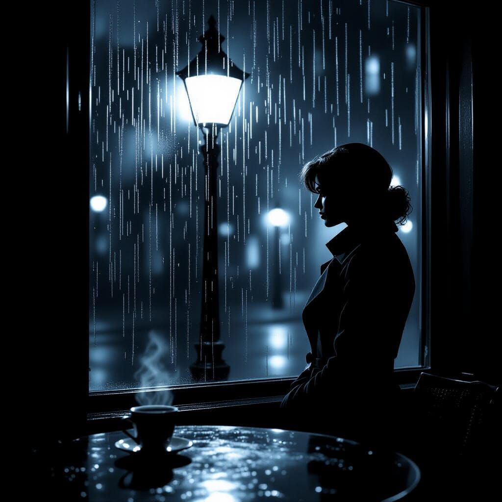 Film Noir Detective at Rain-Streaked Window