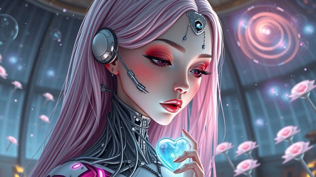 Surreal Cyberpunk Girl Stands in Starlit Observatory