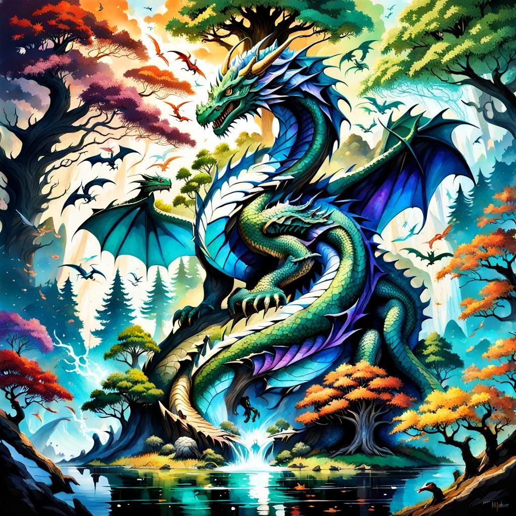 Majestic Dragon Mother Protecting Her Offspring