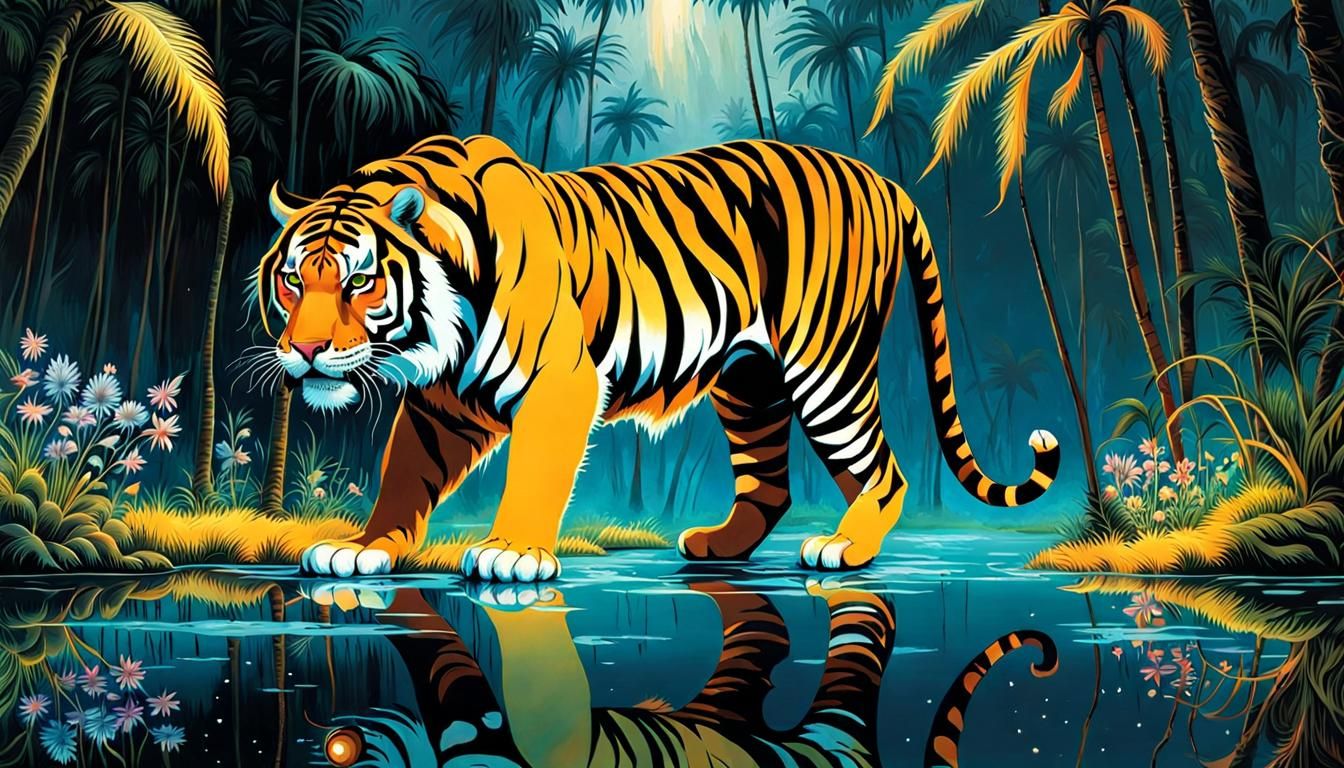 Bioluminescent Tiger and Mirrored Reflection in Dark Fantasy