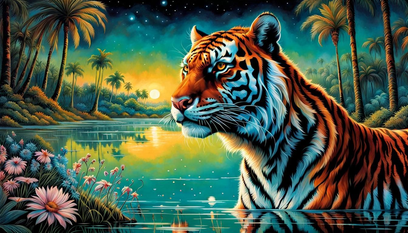 Bioluminescent Tiger Gazing at Reflection in Fantasy Setting