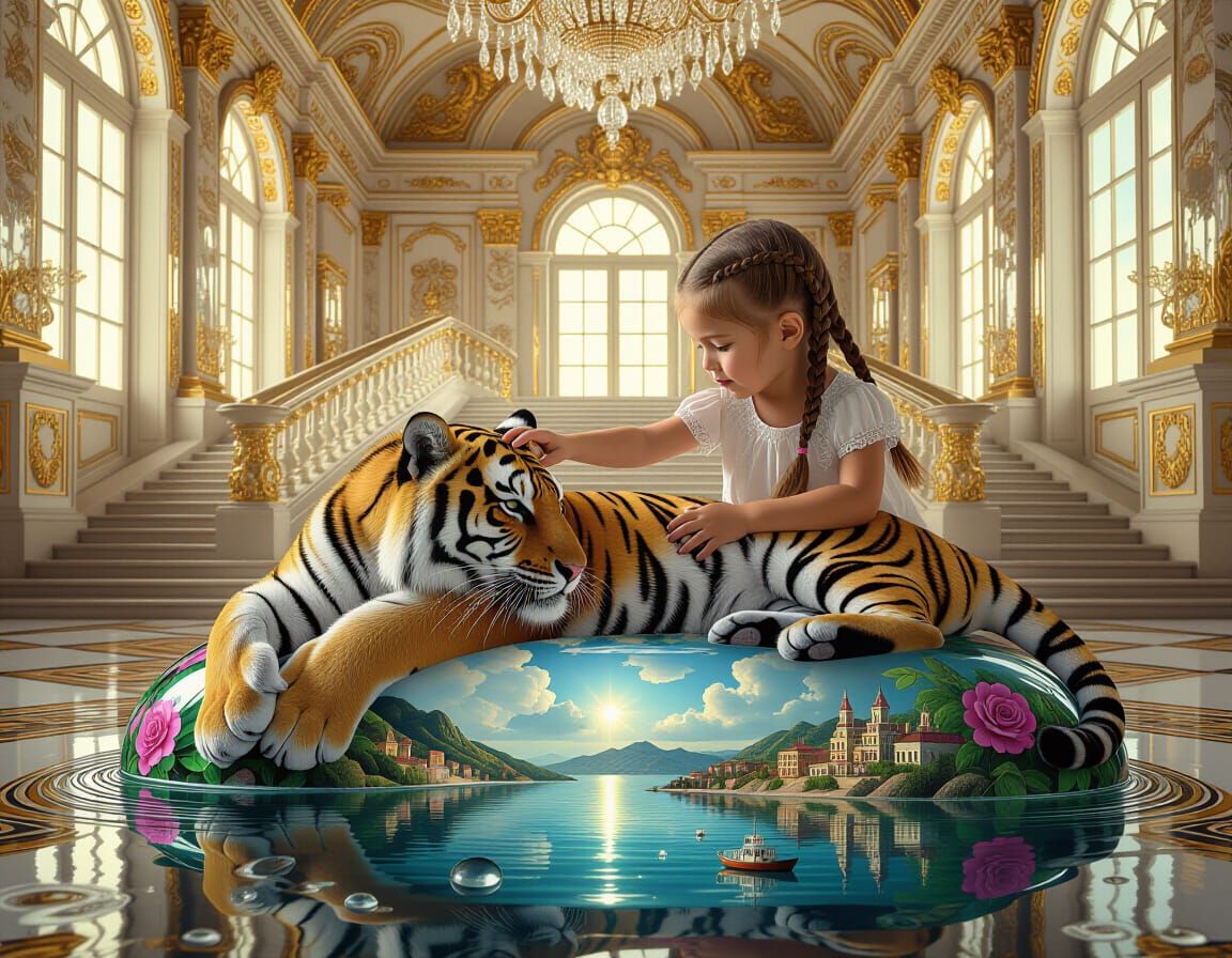 Child and Tiger in Baroque Palace with Glass Details
