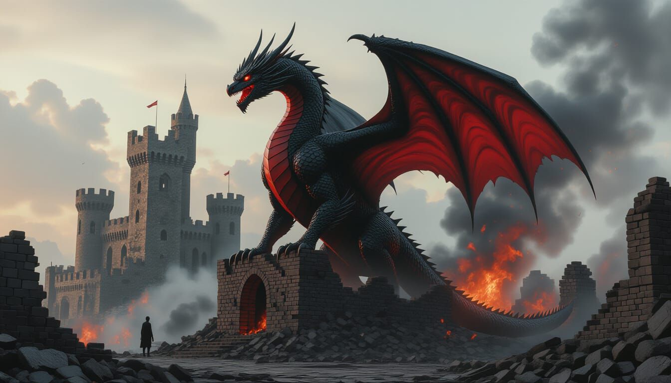 Terrifying Black and Red Dragon on Castle Ruins Matte Painti...