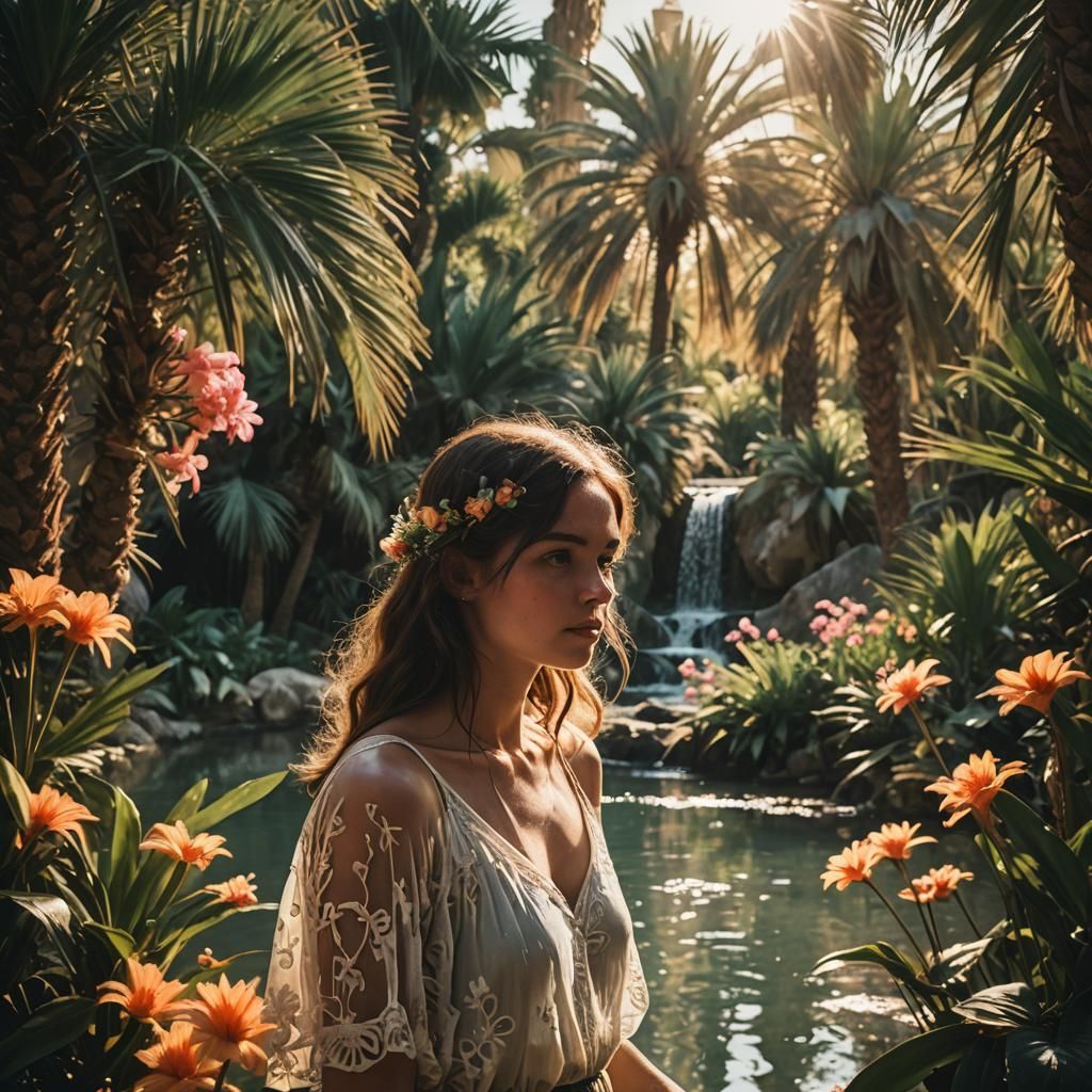 Dreamy Oasis Sunset Scene in Cinematic Style