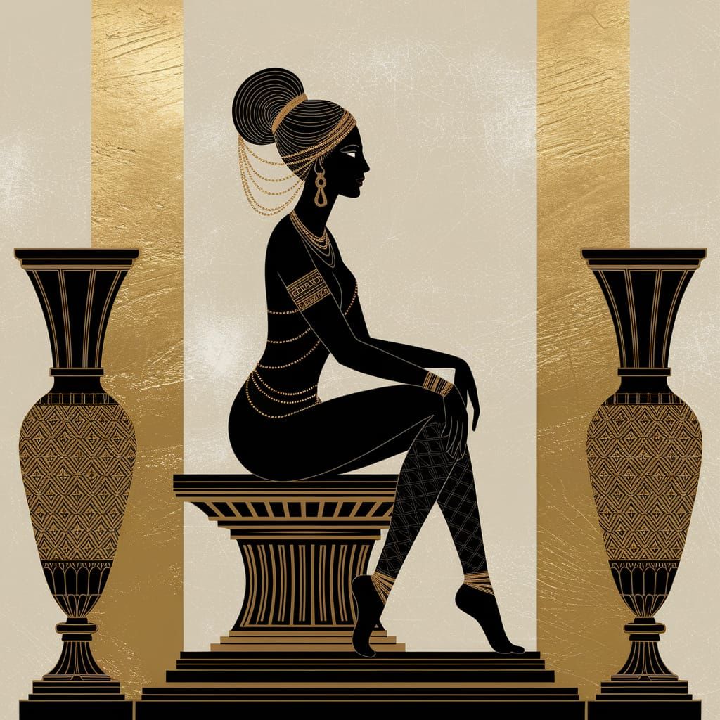 Goddess on Golden Pedestal in Minimalist Art Deco Style
