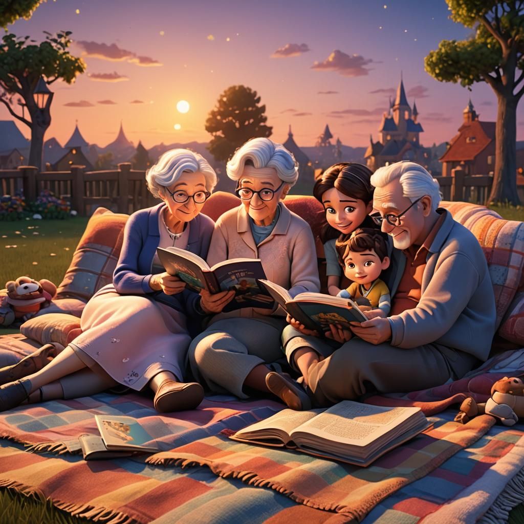 Grandparents Reading to Grandchildren: Pixar-Style 3D Art