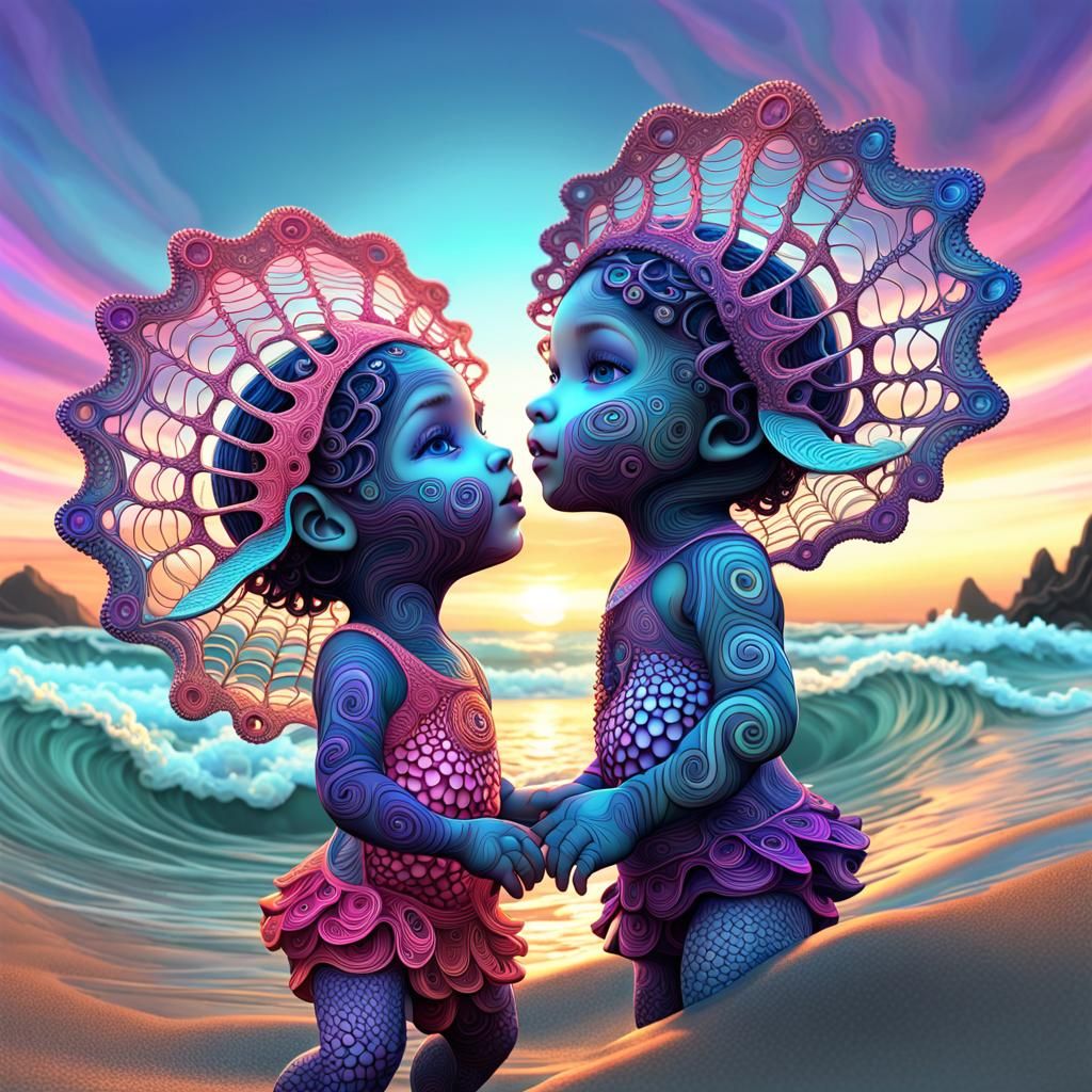 Babies Dancing in Fractal Ocean Sunset
