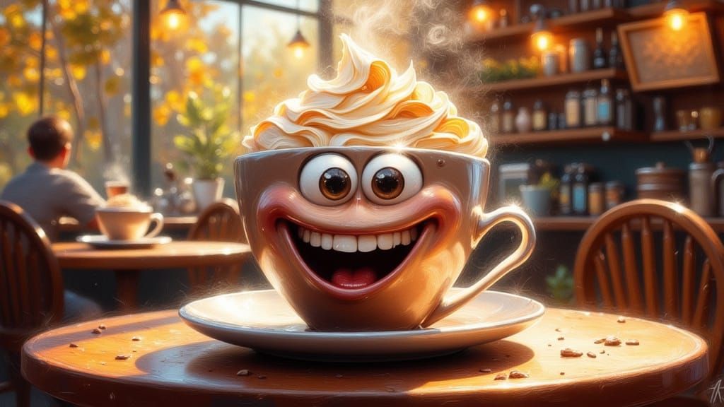 Cheerful Anthropomorphic Coffee Cup in Expressive Oil Painti...