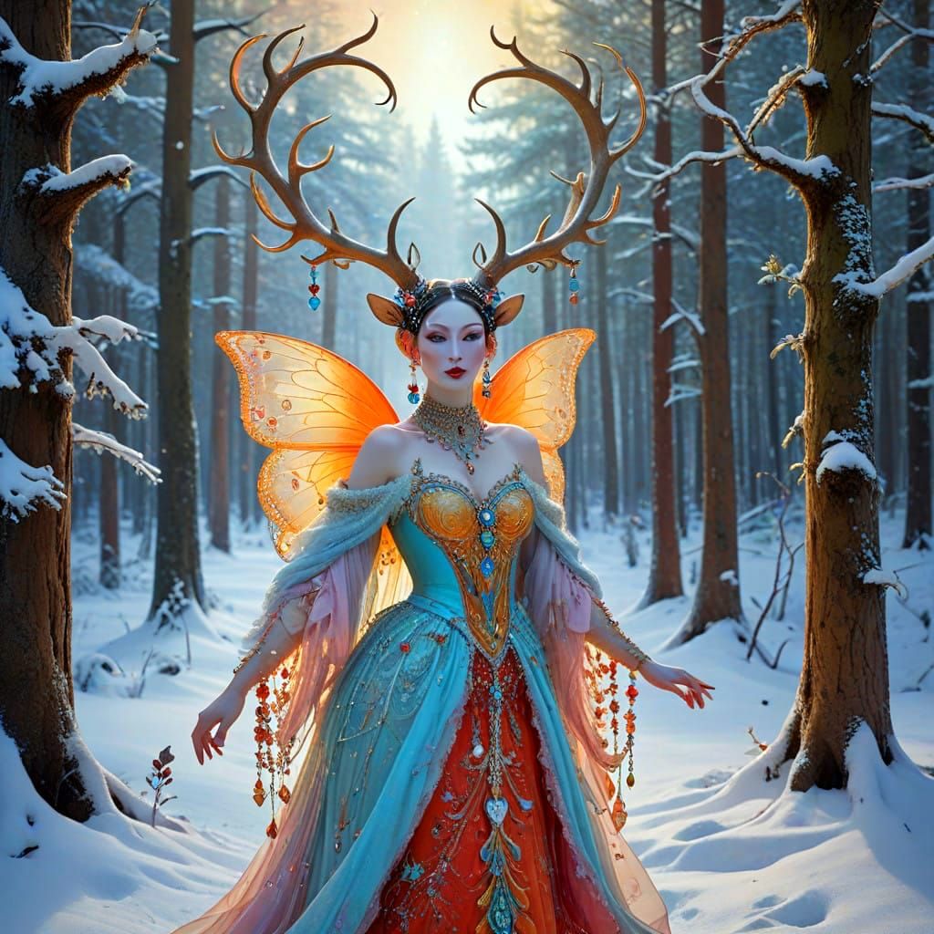 Whimsical Winter Woodland Goddess in Colorful Horned Headdre...