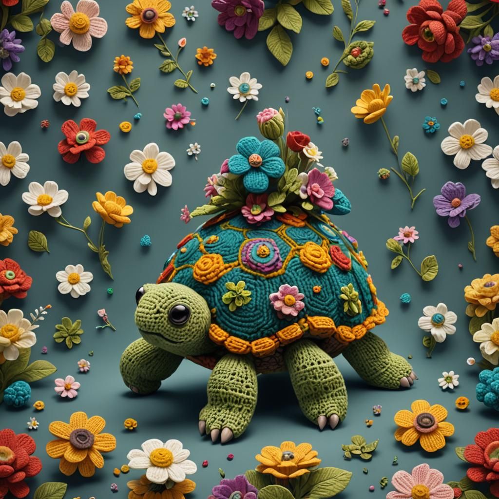 Cute Knitted Turtle with Flowers: Detailed Fantasy Art