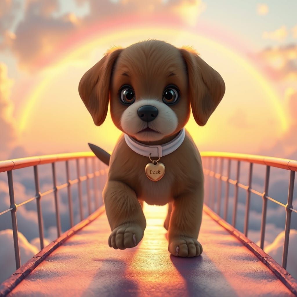 Surreal Puppy Steps onto Rainbow Bridge in 3D Rendered Scene