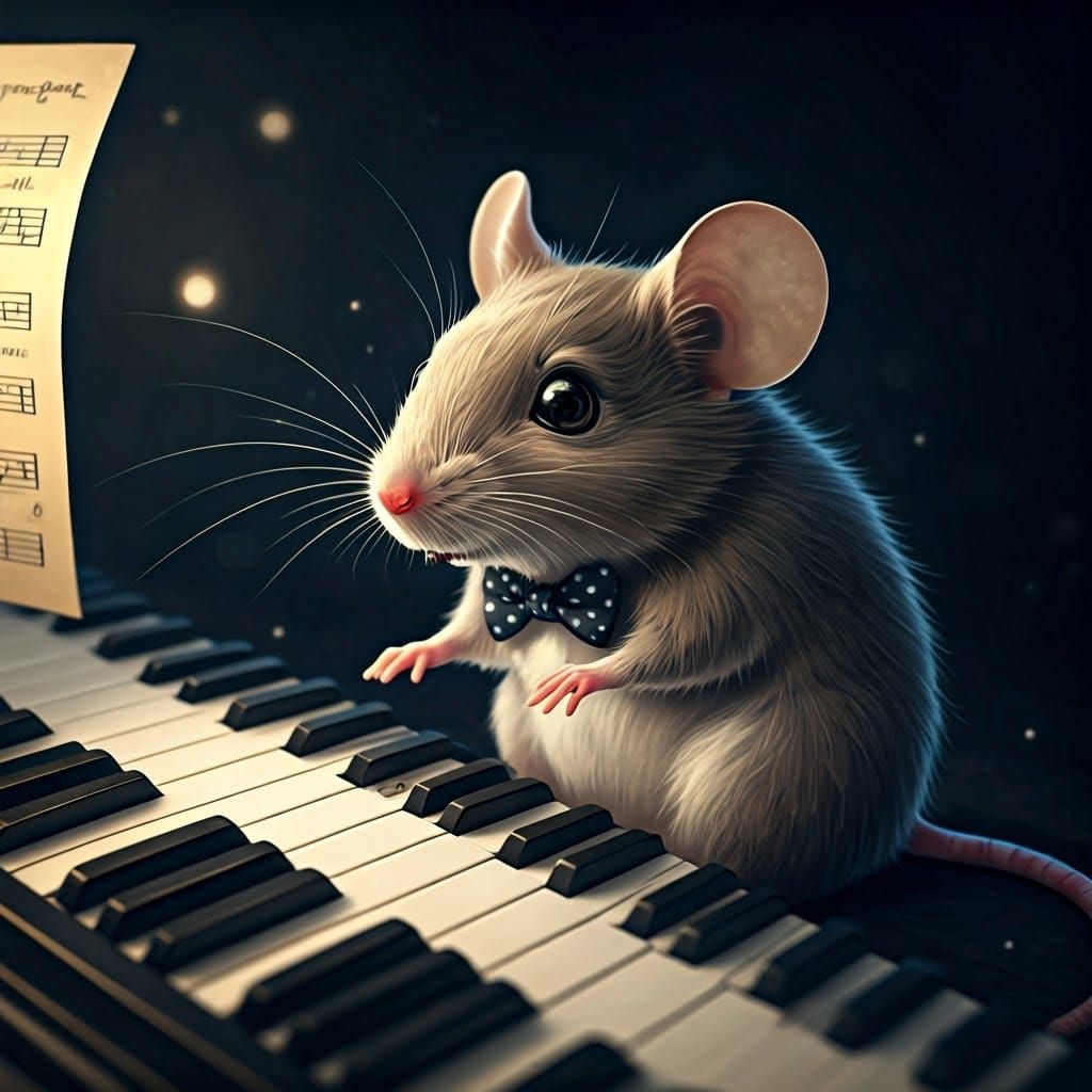 Whimsical Mouse Plays Piano in Dreamlike Scene