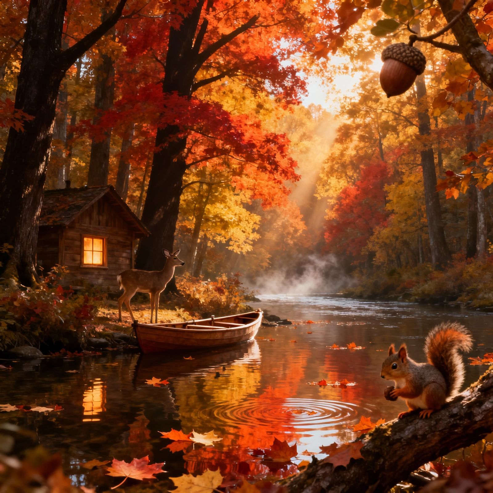 Hyper-Realistic Autumn Forest with Golden Light and Cabin
