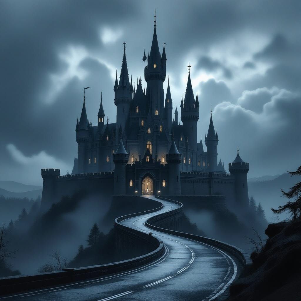 Gothic Castle Under Grey Skies, Dramatic Light and Shadow