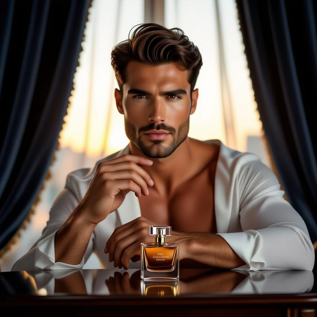Man Applying Perfume with Sophisticated Expression