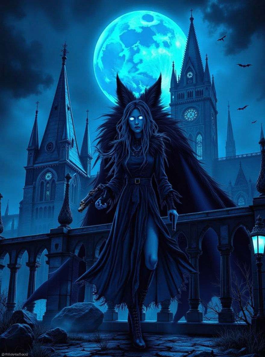 Gothic Cityscape with Vampire and Lycanthrope
