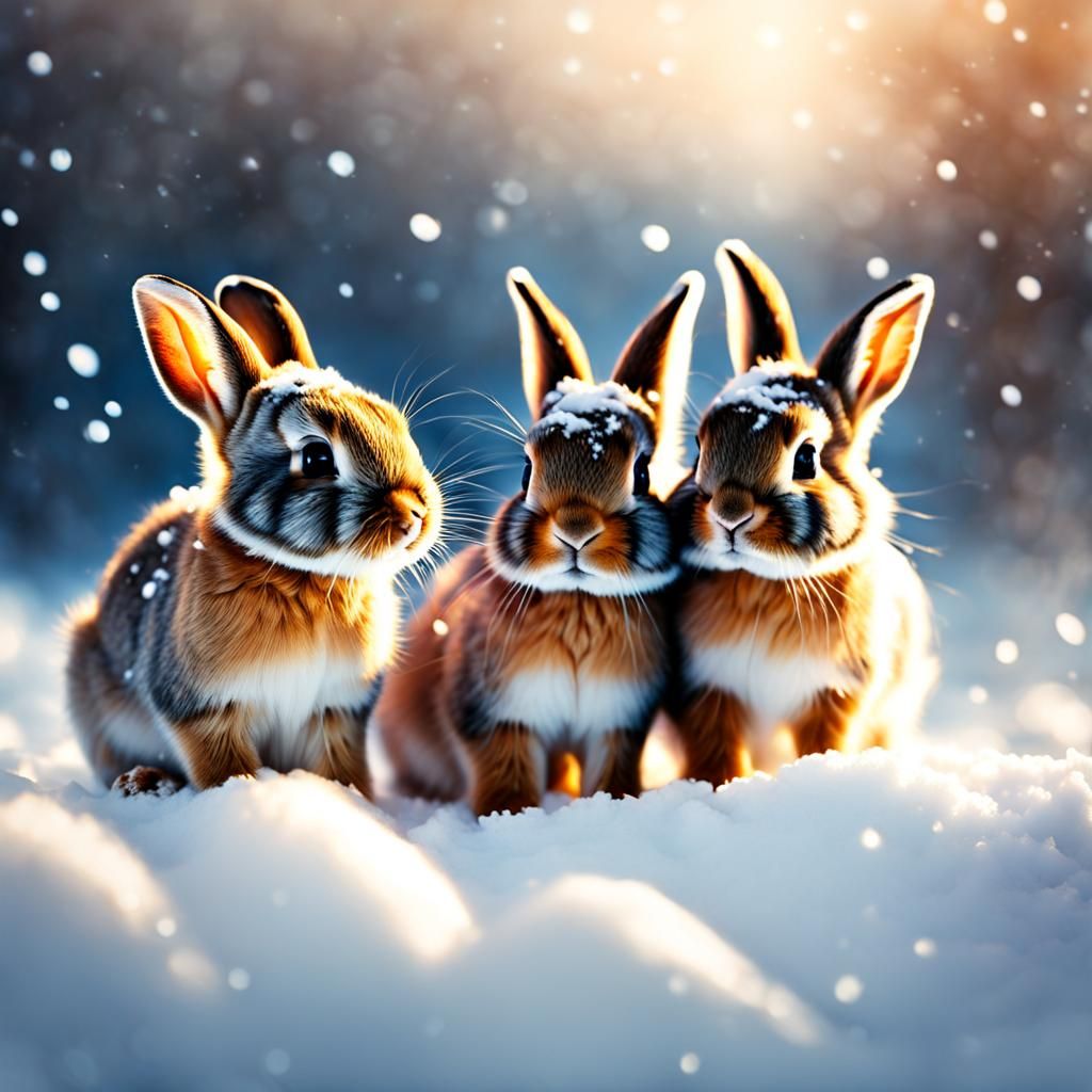 Cute Bunnies Playing in Snowy Landscape