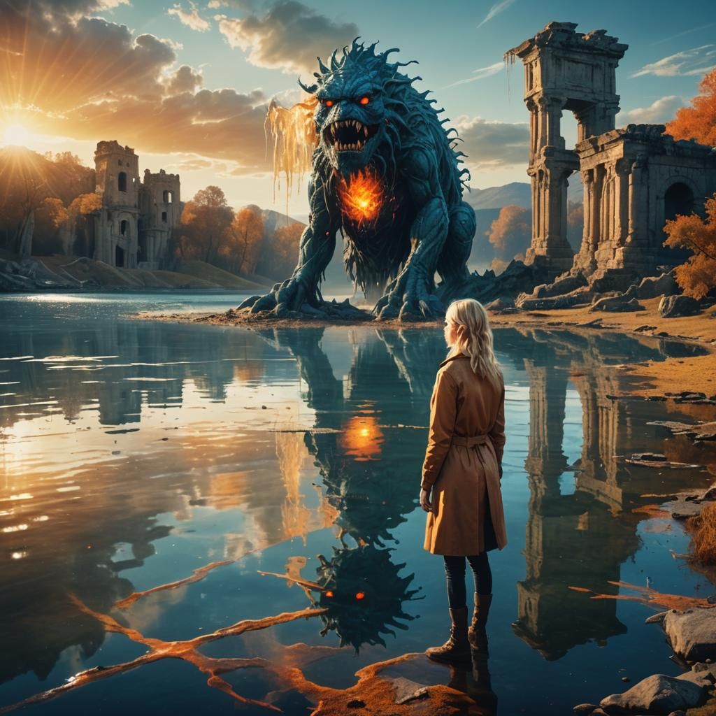Blonde Woman and Lake Monster in Surreal Digital Art