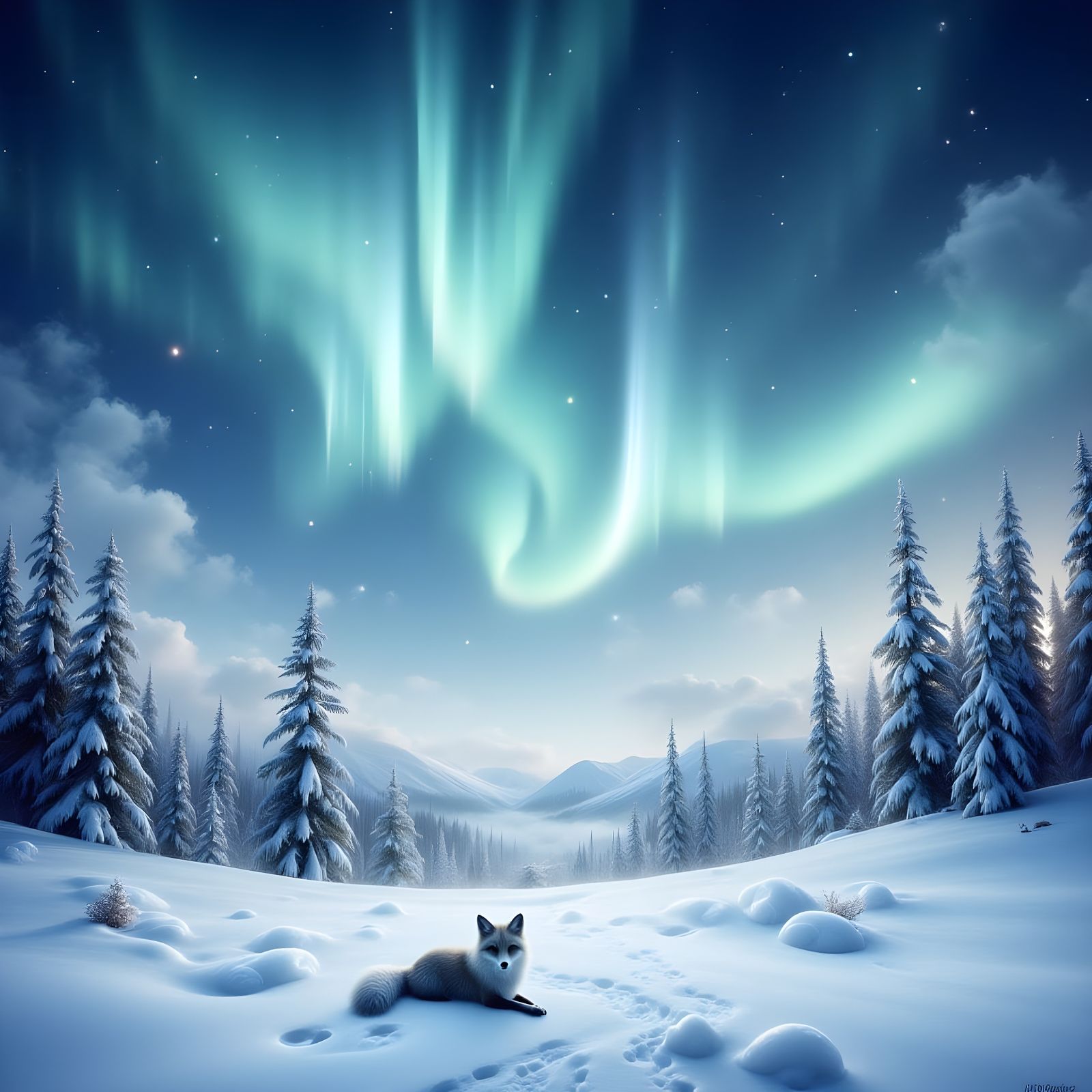Dreamy Arctic Fox Under Northern Lights
