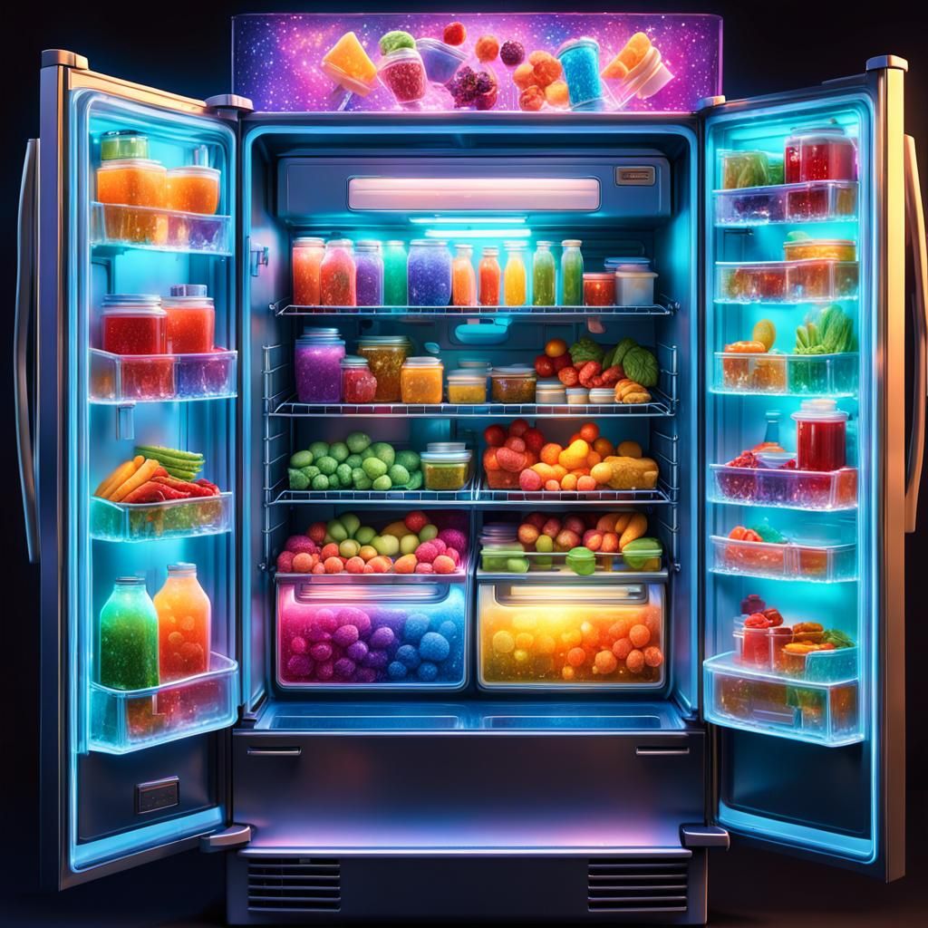 Magical Fridge Overflowing with Colorful Food in Digital Art