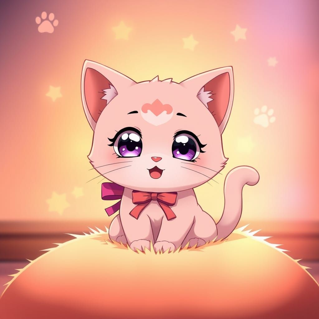Tiny Anime Cat Radiates Kawaii Charm on Fluffy Cushion