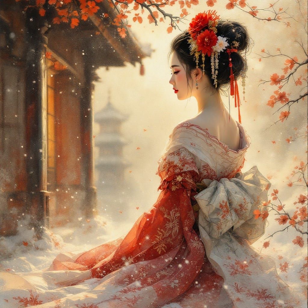 Ethereal Geisha in Snowy Wonderland
