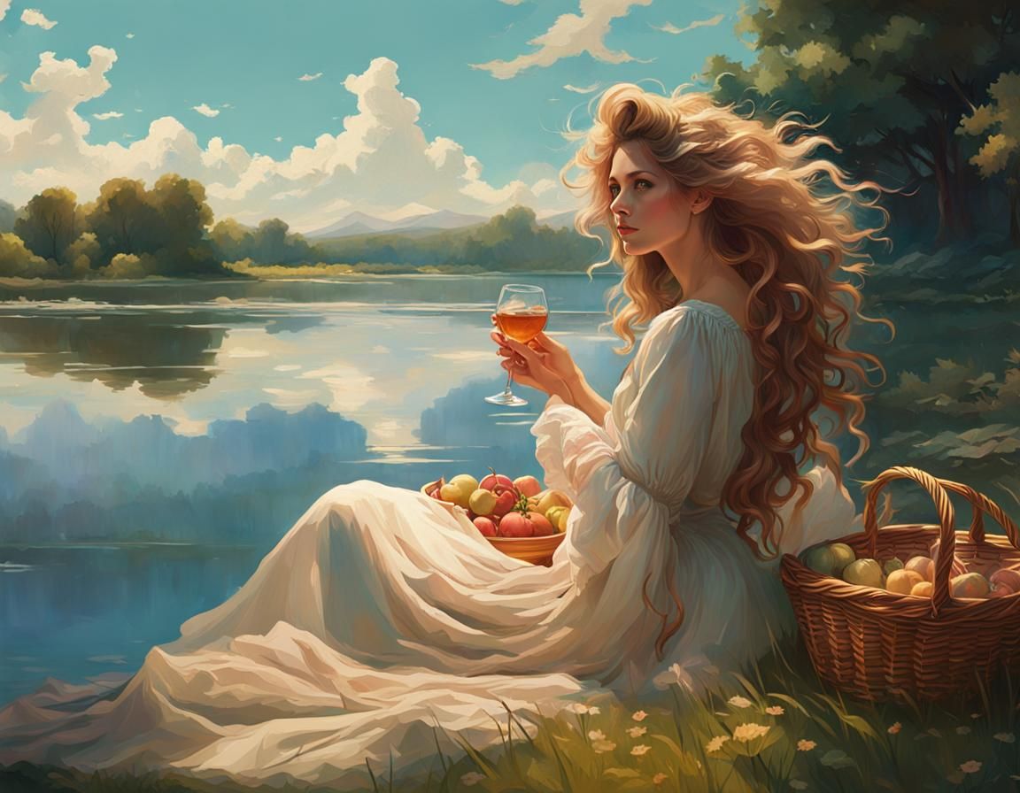 Dreamlike Lakeside Picnic in Hyperdetailed Digital Art
