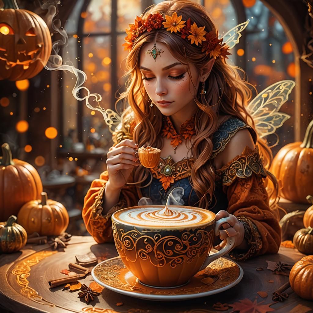 Fairy Sipping Pumpkin Spice Latte: Fantasy Art