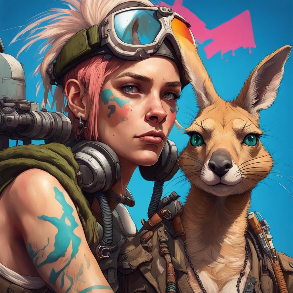 Tank Girl and Kangaroo Portrait in Artgerm Style