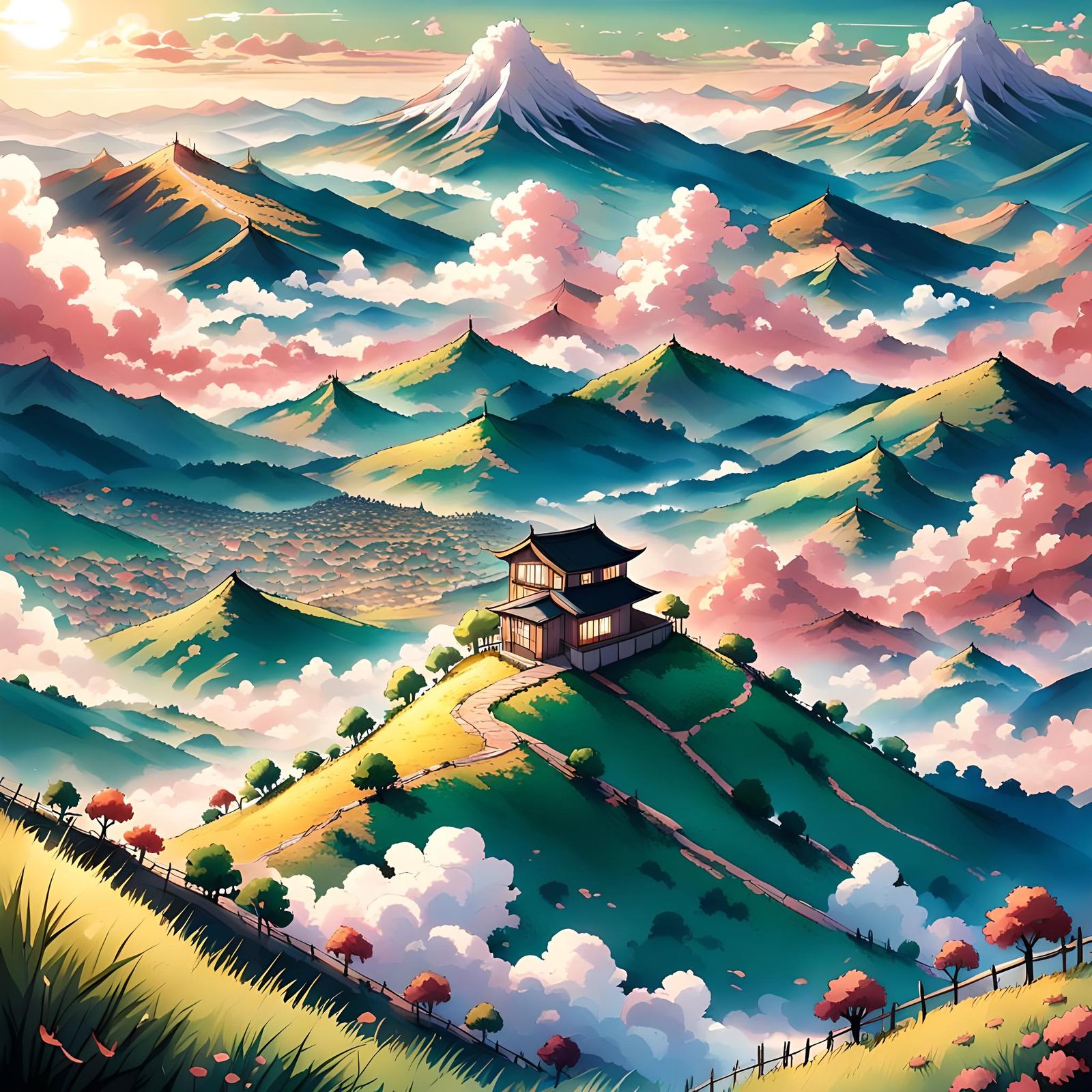 Anime Hills Peeking Over Clouds in Pink Sky