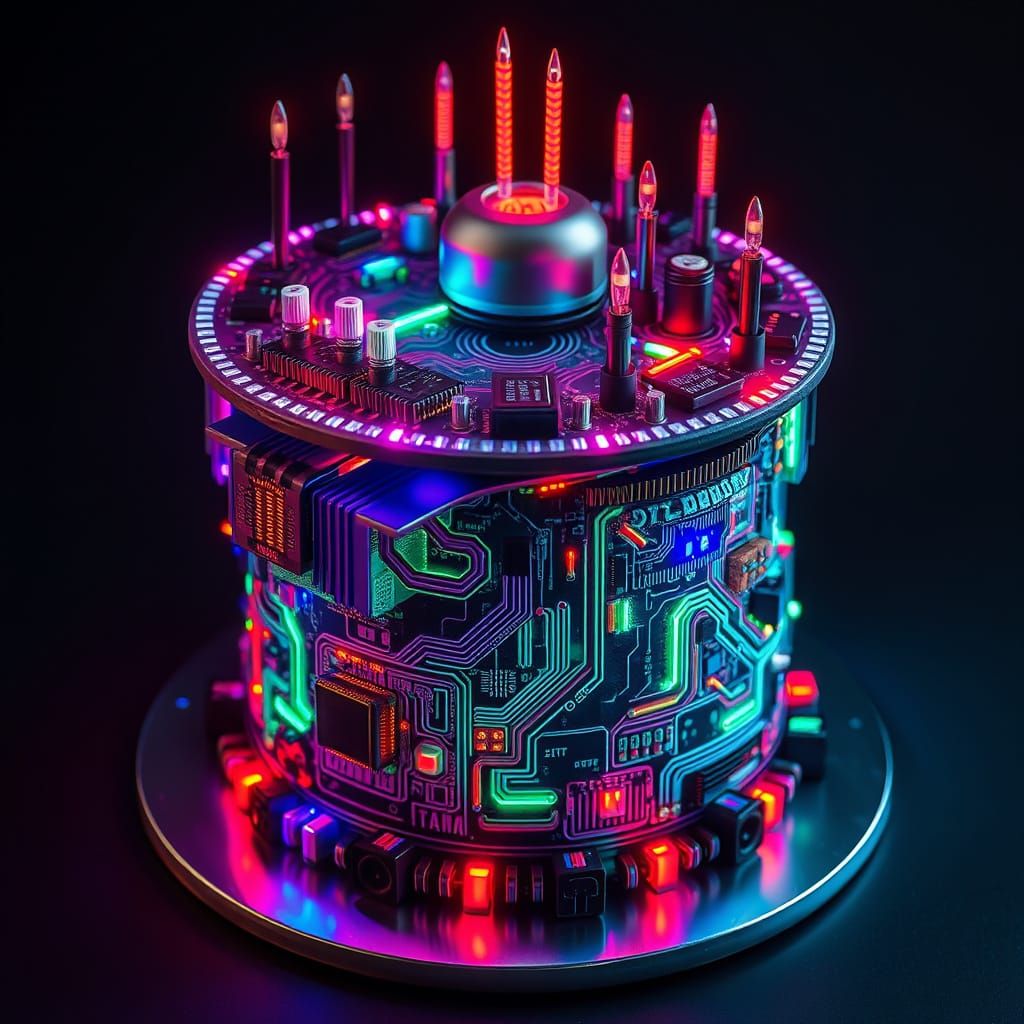Cyberpunk Cake Made of Circuit Boards and LEDs