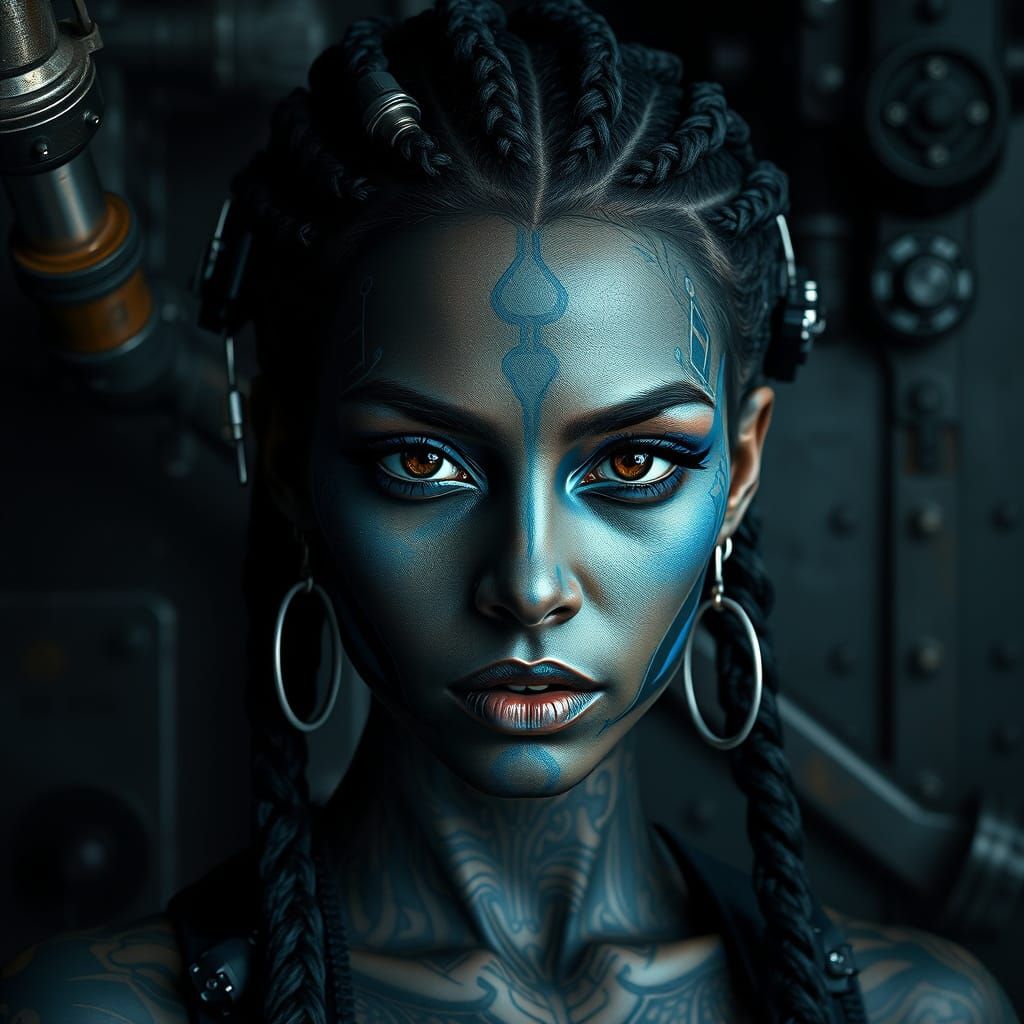 Gritty Cyberpunk Goddess with Intricate Tattoos and Cybernet...