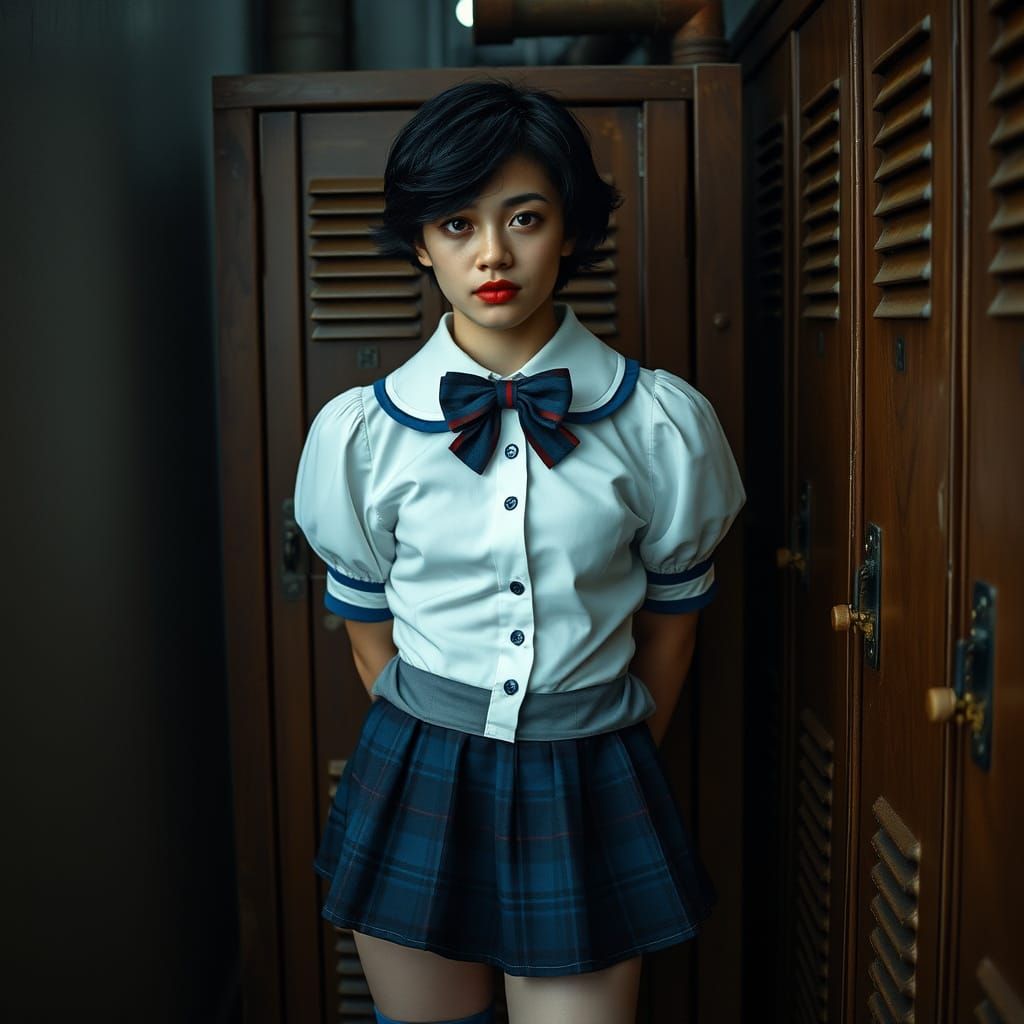Steampunk Schoolgirl Boy in Dimly Lit School Hallway