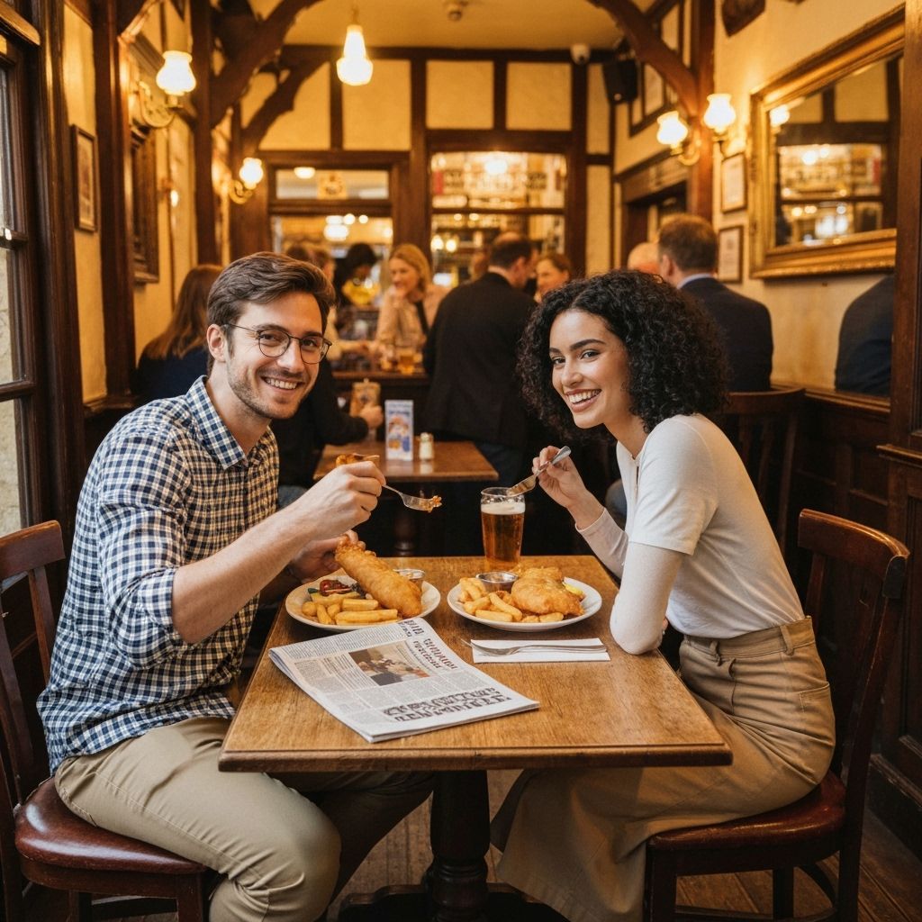 Couple Enjoying Fish and Chips at English Pub