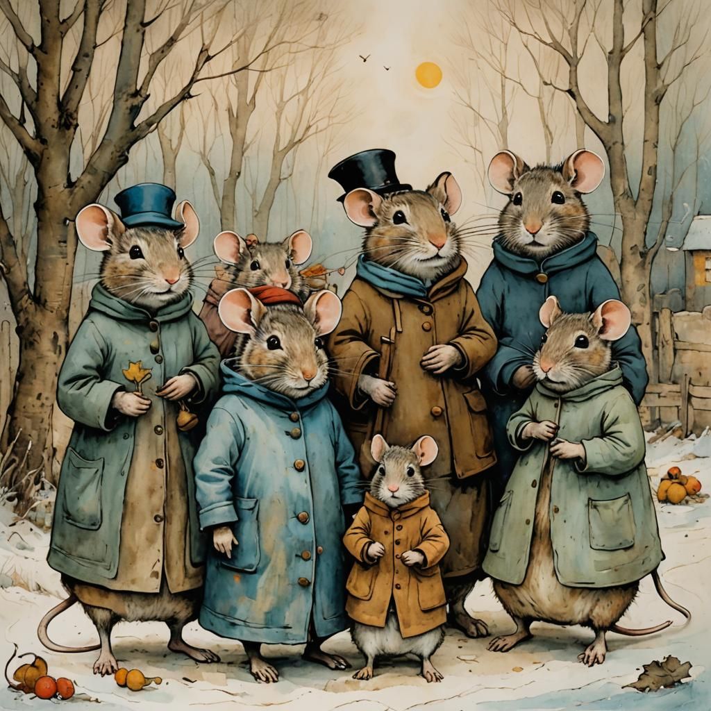Winter Mice Family in Impasto Style